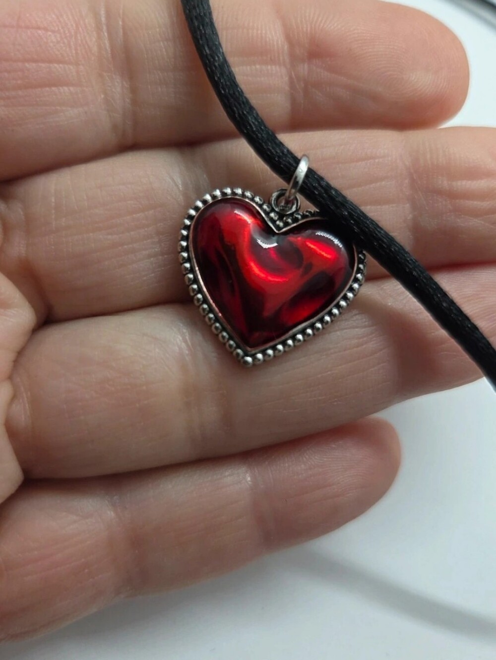 Red Heart Pendant Choker for Women - Silver Tone Edge